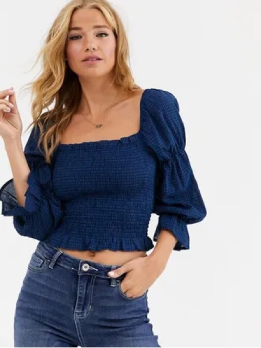 Smocked Square Neck Puff Sleeve Top in Navy